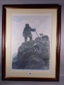 SIR KYFFIN WILLIAMS RA coloured limited edition (57/150) print - farmer and two dogs on a mountain