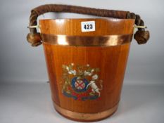 A VINTAGE COOPERED OAK BUCKET, copper banded with brass mounts and rope handle, with applied