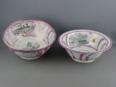 TWO LARGE SUNDERLAND LUSTRE POTTERY BOWLS with printed panels of ships and verses, one bowl shows