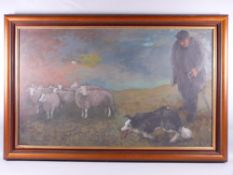 ANEURIN JONES oil on board - farmer with his sheepdog tending sheep, signed, 38 x 65 cms