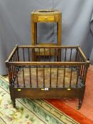 A GEORGIAN MAHOGANY NIGHT STAND and a single drawer open gallery Canterbury on brass castors