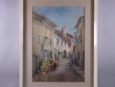 V DICK CUNYNGHAME (Scottish) watercolour - cobbled street scene with traders, 38 x 26 cms