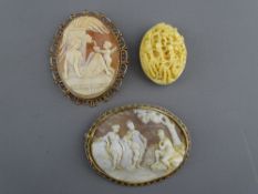 TWO CARVED SHELL CAMEO BROOCHES and a 19th Century Canton style carved ivory brooch, one cameo