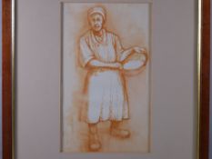 ANEURIN JONES mono colourwash - standing rural working lady with basin in hand, 24 x 14 cms