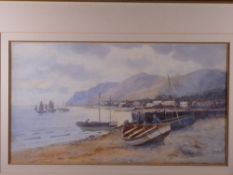 WARREN WILLIAMS ARCA watercolour - coastal village with mountain backdrop and boats in the