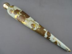 A SAMSON MORDAN SILVER TOPPED & PORCELAIN ICICLE SHAPED SCENT BOTTLE with gilt floral decoration and