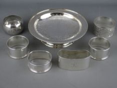 A CIRCULAR SILVER BRIGHT CUT SHALLOW PEDESTAL DISH, 3.7 troy ozs, Sheffield 1967 and six silver