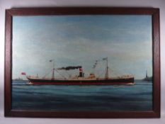 EARLY 20th CENTURY ENGLISH SCHOOL oil on canvas - study of the SS Rugbeian at sea, 43 x 66 cms