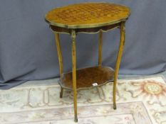 A NEAT FRENCH STYLE KINGWOOD TWO TIER OCCASIONAL TABLE, the shelves having brass rims and with