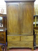 A GEORGIAN MAHOGANY PRESS CUPBOARD, the twin door upper section with interior slide drawers over two