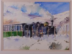 DAVID GROSVENOR watercolour - Welsh Highland Railway under full steam below Snowdon in the