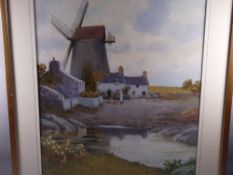 WARREN WILLIAMS ARCA watercolour - Cemaes windmill, Anglesey with figure by a mill pond etc,