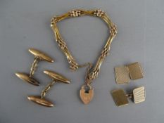A PAIR OF NINE CARAT GOLD OBLONG CUFFLINKS, 5.7 grms, a nine carat gold link bracelet and padlock,