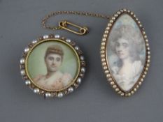 A GEORGE III OVAL PORTRAIT MINIATURE & SEED PEARL BROOCH with a later example nine carat gold seed
