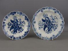 TWO CIRCA 1750 FIRST PERIOD WORCESTER BLUE & WHITE PLATES, 'Pine Cone' pattern with lobed edges,