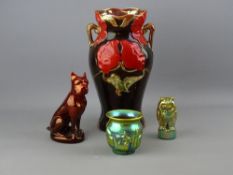 FOUR PIECES OF ZSOLNAY PECS LUSTRE ORNAMENTAL WARE including a 13 cms high twin handled vase in