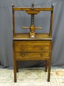 A 19th CENTURY OAK & MAHOGANY BOOK PRESS, the wooden ratchet press on a lower section of two drawers