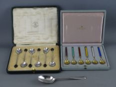 A SET OF SIX STERLING SILVER GILT & GUILLOCHE ENAMEL MICHELSEN, DENMARK COFFEE SPOONS, all marked
