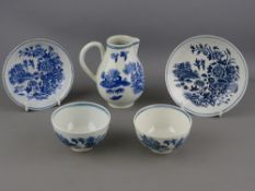 FIRST PERIOD WORCESTER BLUE & WHITE SPARROW BEAK JUG and two tea bowls and saucers, circa 1770, '
