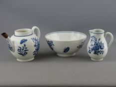 FIRST PERIOD WORCESTER BLUE & WHITE PORCELAIN circa 1760, three items to include a 16 cms diameter