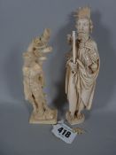 TWO 19th CENTURY OR EARLIER CARVED IVORY FIGURINES, possibly St Peter and St Sebastian, 16.5 and