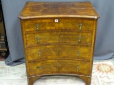 A GOOD REPRODUCTION WALNUT CONCAVE FOUR DRAWER CHEST, the top with quarter cut burr walnut and