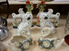 Pair of Staffs spillholders, pair of small Staffs dogs and a pair of Staffs swans