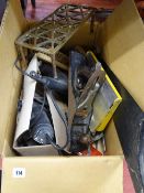 Box of various garage hand tools including Stanley plane, small angle grinder etc E/T