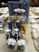 Pair of blue and white stickstands, 43 cms high, a large blue and white vase, quantity of figurines