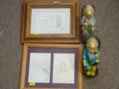 Two Winnie the Pooh etching and a pair of novelty vintage moneyboxes