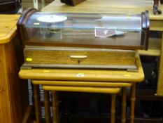 Modern light wood nest of three tables, small oak wooden box with quantity of CDs and a modern