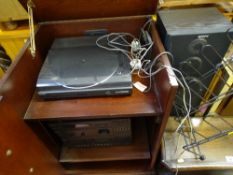 Modern dark wood entertainment unit including Sony LBT-V202 hifi system and turntable with pair of