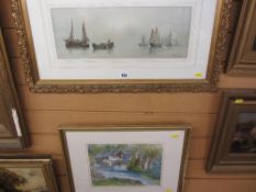 GARMAN MORRIS print - sailing boat and fishermen at sea, 16 x 44 cms and a colourful painting of a