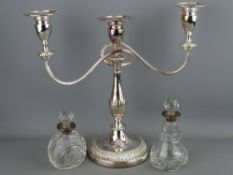 Good quality Viners EPNS three sconce candelabra and two cut glass dressing table scent bottles with