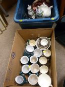 Tub and a box containing Denby breakfastware, Portmeirion teapot etc