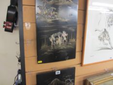 Pair of Oriental lacquerwork and mother of pearl inlaid panels