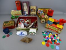 Collection of vintage games, two tinware moneyboxes, a Delft ware lidded pot and windmill ornament