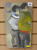 JOHN CHERRINGTON 1962 oil on board - two talking gentlemen, 34 x 20 cms