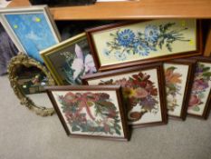 Quantity of good framed woolwork pictures, a gilt framed decorative wall mirror, TONY BIRKS maritime