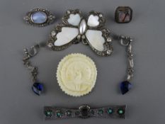 Art Deco style silver brooch set with turquoise and marcasites with further marcasite and other