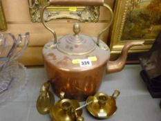 Victorian copper kettle with acorn knop and a selection of brassware