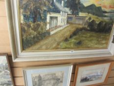 Watercolour - snow covered mountains and river scene, initialled 'R H', 16 x 24 cms, a pencil sketch