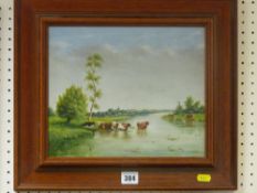 GILBERT oil on board - cattle watering and grazing at riverside, 24 x 29 cms