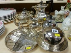Three piece octagonal shaped tea service and an electroplate muffin dish