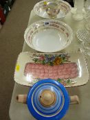 Maling 'Peony Rose' pottery dish, an Art Deco teapot, two Austrian floral decorated bowls etc