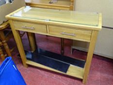 Modern light oak two drawer hall table with base shelf
