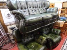 Button backed three piece lounge suite in 'Racing Green'