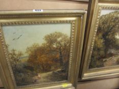 Pair of oils on board - countryside paths, one with sheep and the other a young girl with a dog,