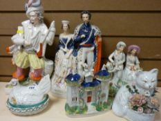 Staffs flatbacks 'Queen & King of Sardinia', 'Will Watch' etc and a hen on nest, modern cat ornament