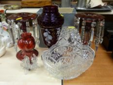 Pair of ruby glass lustres, cranberry glass, Pesta Collection glass basket etc